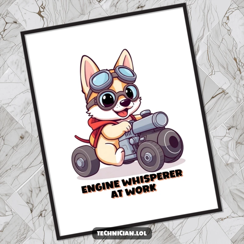 Funny poster art of a brave dog wearing goggles, focused on fixing a small engine, perfect for garage or workshop decor.