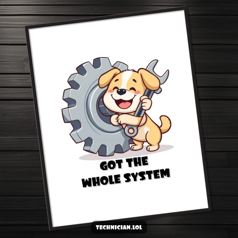 Funny dog poster, a happy dog intently working on a giant gear with a wrench, showcasing mechanical prowess.