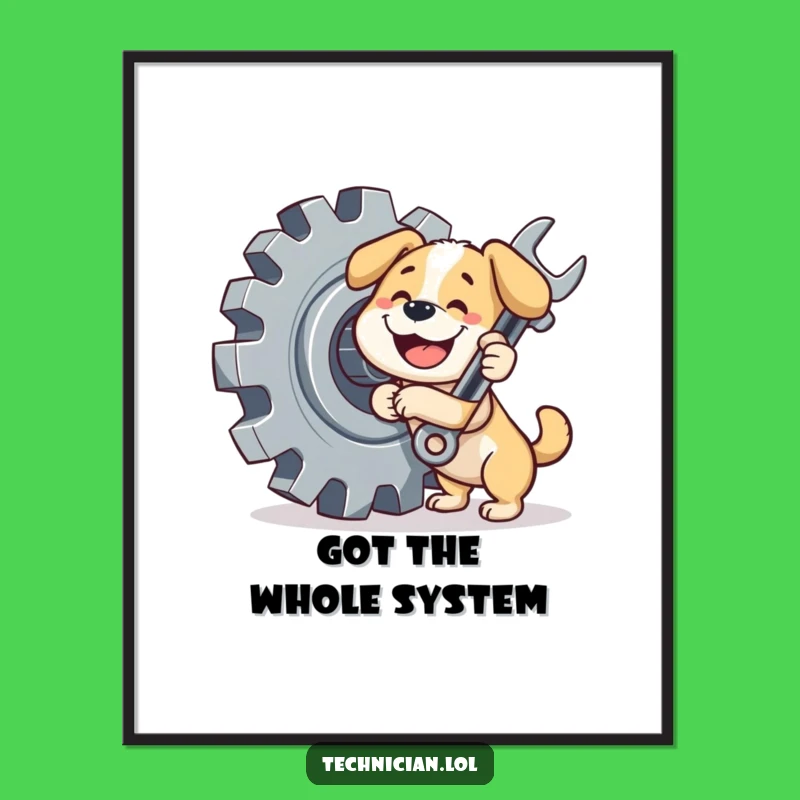 Funny Dog Poster: Adorable mechanic pup with gear, a charming funny gift for decor.