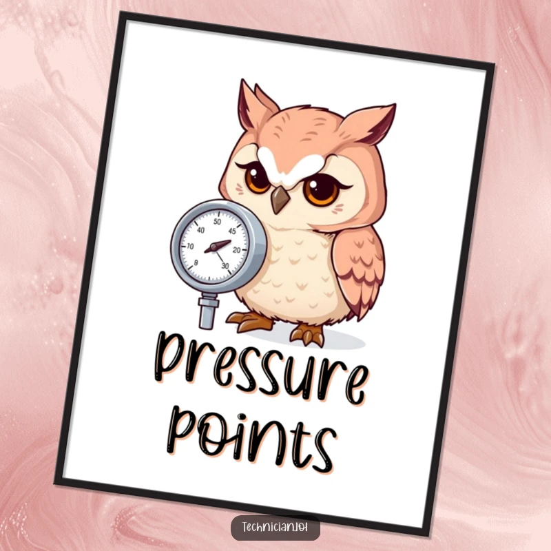 Funny owl with intense focus, checking a pressure gauge dial, presented as a stylish poster.