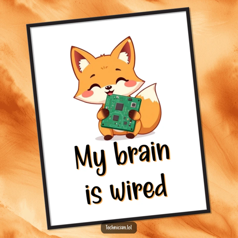 Funny poster, cheerful fox proudly displaying a repaired circuit board, tech enthusiast decor, humorous wall art.