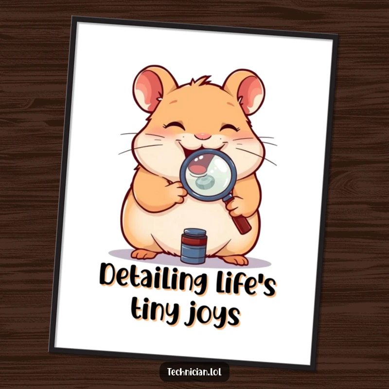 Funny poster showing a giggling hamster holding a magnifying glass over a small component, adding a touch of curiosity to decor.