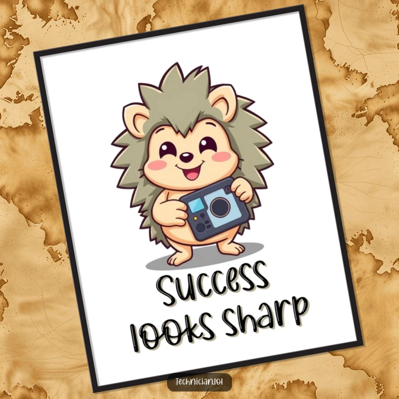 Funny poster of a happy hedgehog holding a repaired gadget high, beaming with a triumphant smile, celebrating a successful fix.