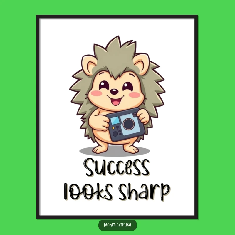 Funny Hedgehog Art Print: Triumphant Hedgehog with Gadget, Joyful Funny Gift Decor