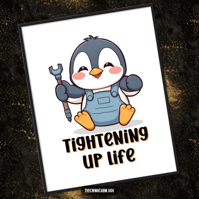 Funny penguin in overalls diligently tightening a bolt, depicted as humorous wall art for a garage or workshop.