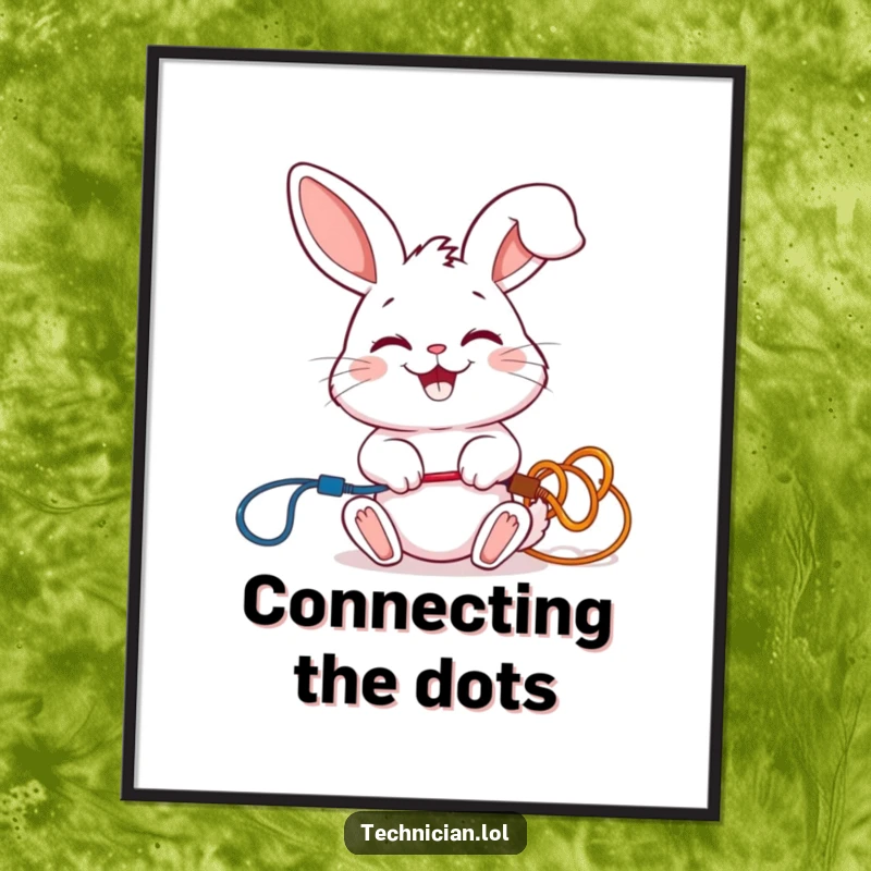 Funny poster art of a giggling rabbit carefully connecting colorful wires with a smile, showcasing cheerful connection.