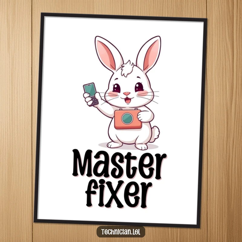 Funny poster showcasing a proud rabbit proudly displaying a repaired gadget, radiating satisfaction and technical expertise.