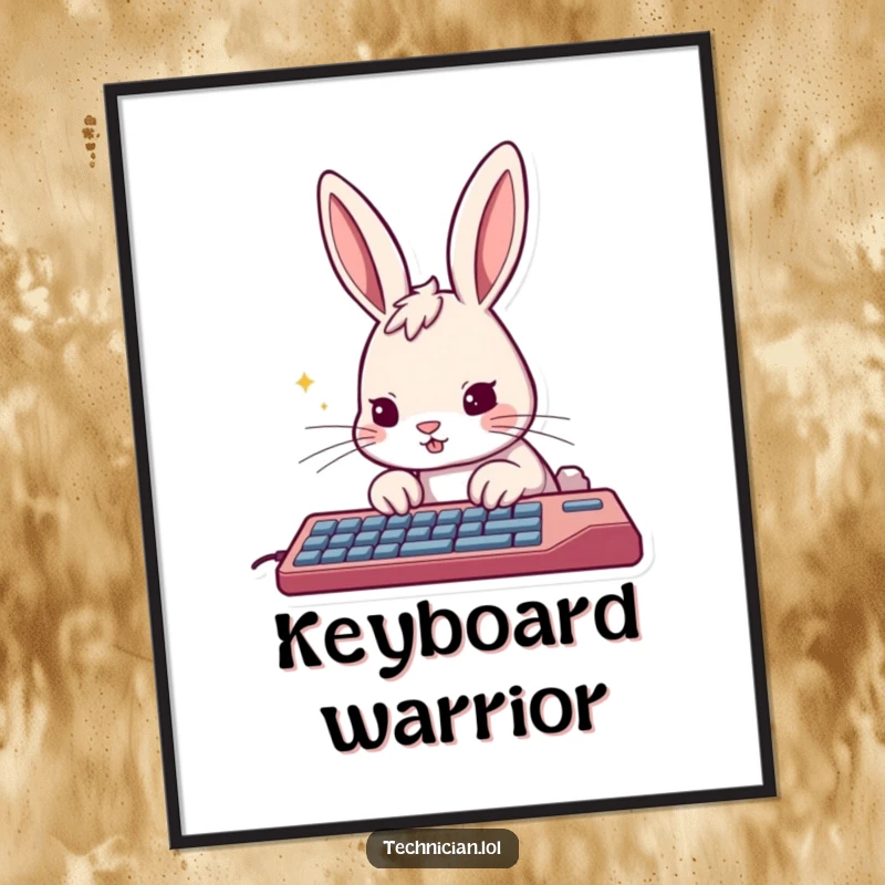 Funny rabbit poster, with a determined expression, rapidly typing on a keyboard, symbolizing creative energy.