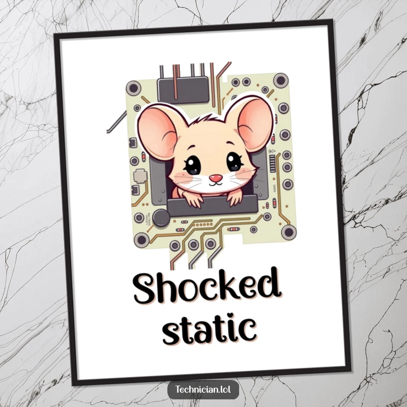 Funny shy mouse peeking from a circuit board with wide, amazed eyes, presented as a captivating poster.