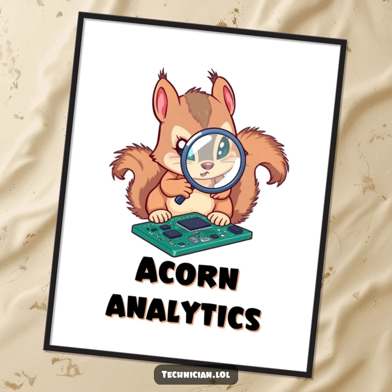 Funny poster art of a determined squirrel analyzing a circuit board with a magnifying glass, showcasing focus.