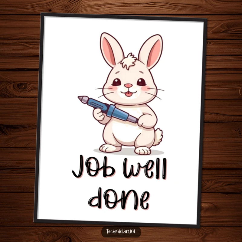 Funny Rabbit Poster depicting a content rabbit looking satisfied while holding a screwdriver, embodying the joy of completion.