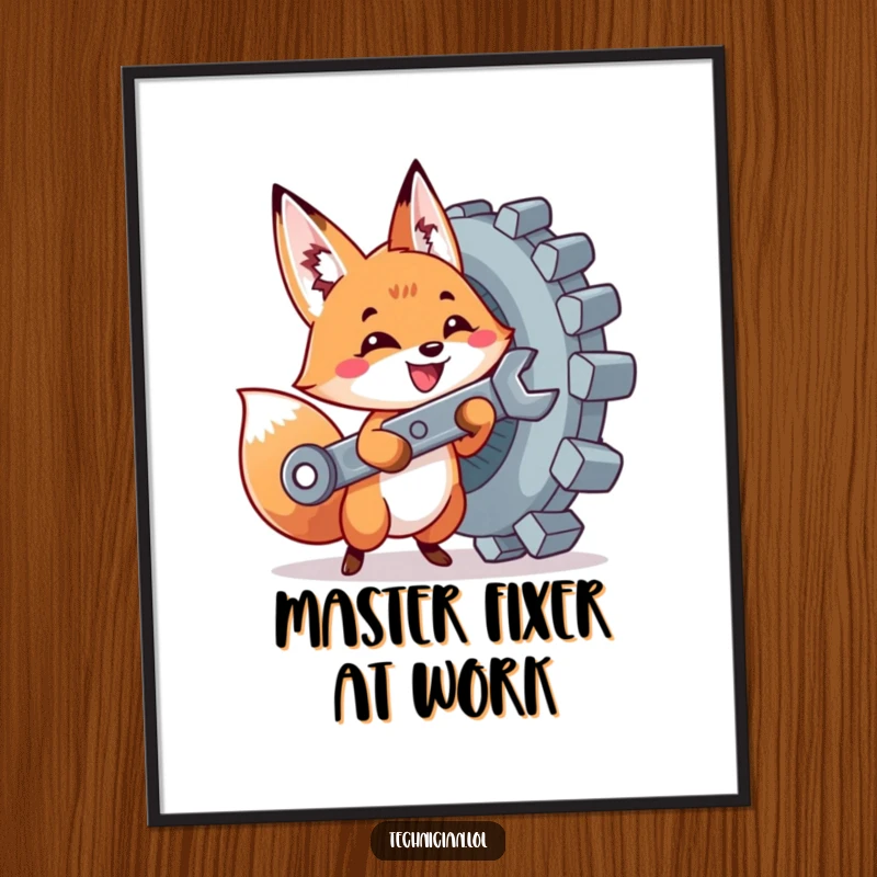 Funny poster illustrating a cute fox with a wrench excitedly tightening a giant bolt, designed for amusing DIY wall decor.