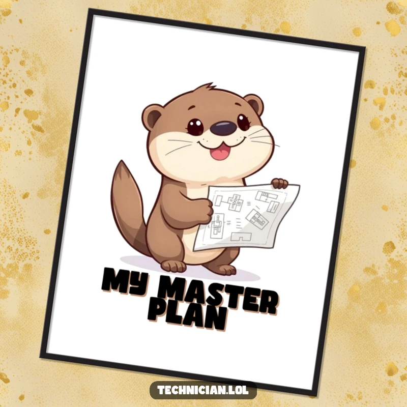 Funny Otter Poster depicting a giggling otter with a curious expression, pointing at a detailed blueprint, inviting creativity.
