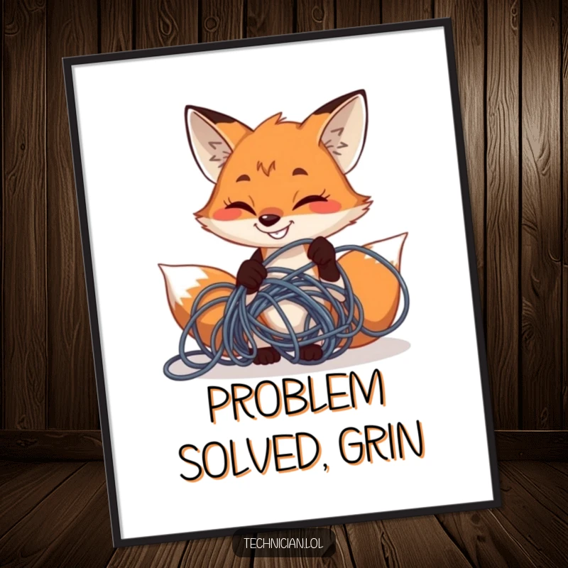 Funny determined fox grinning while fixing tangled wires, presented as a poster, perfect funny gift.