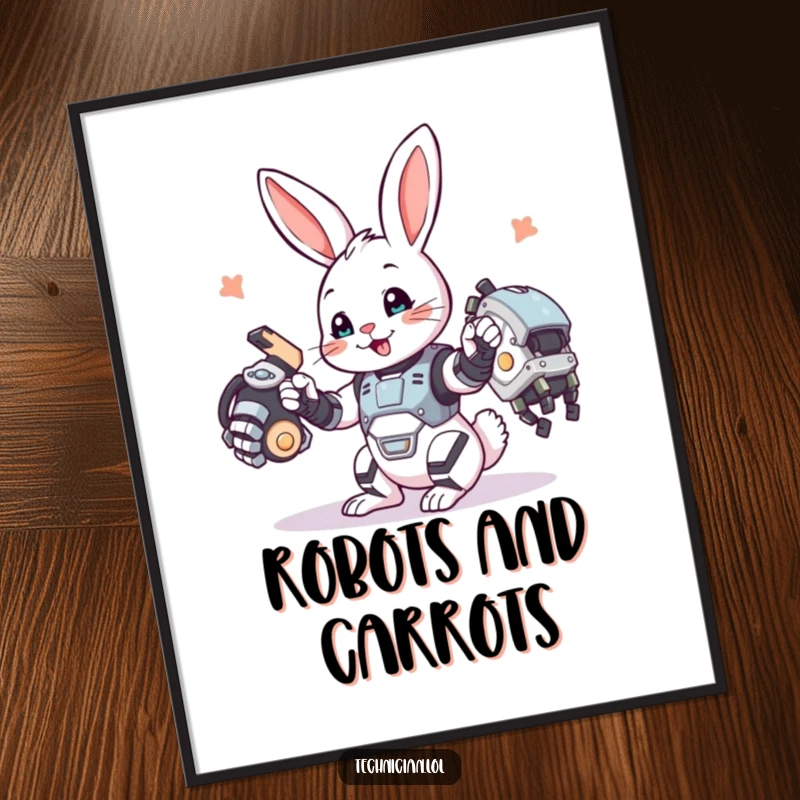 Funny bunny poster, a playful bunny happily constructing a detailed robotic arm, symbolizing creativity and engineering.