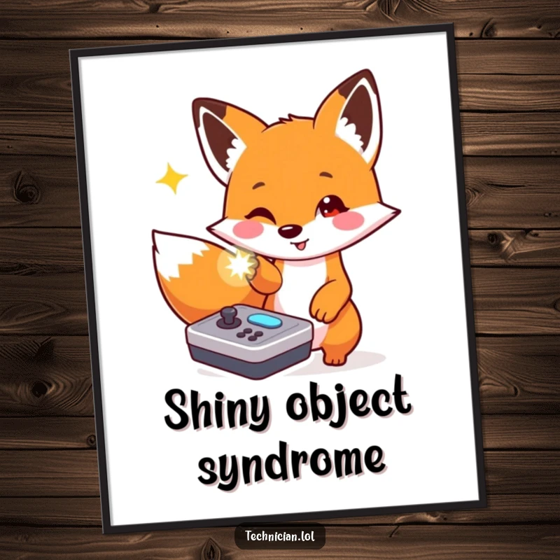 Funny poster art of a playful fox excitedly pointing at a flashing light on a console, a vibrant tech illustration.