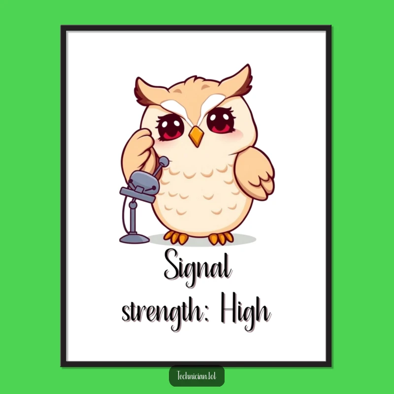 Funny Owl Satellite Dish Poster: Whimsical Wall Art for Tech Lovers, Perfect Gift