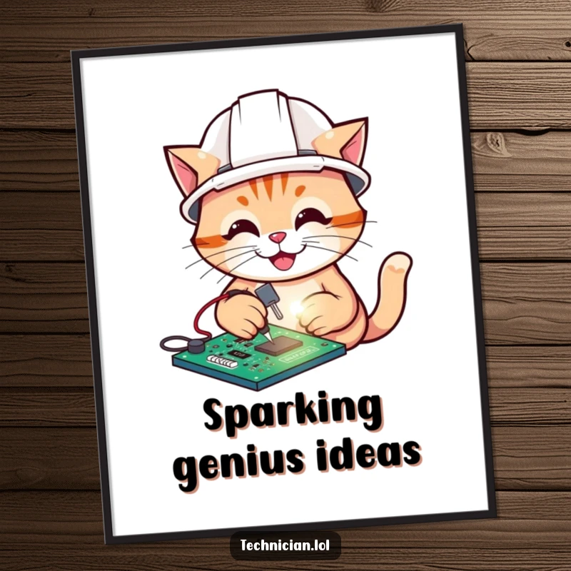 Funny poster artwork of a cheerful cat in a hard hat soldering a circuit board, a vibrant tech cartoon.