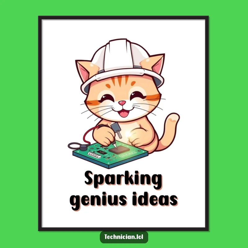 Funny Cat Electrician Poster, Tech Cartoon Art, Clever Funny Gift Decor