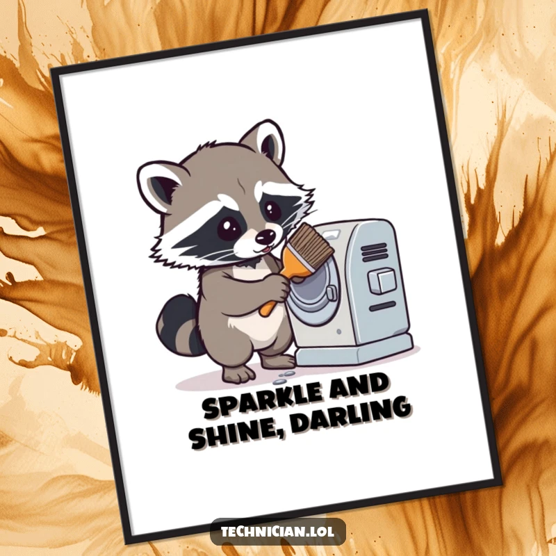 Funny poster depicting a determined raccoon cleaning a dusty machine with a brush, radiating focus and humorous dedication to cleanliness.
