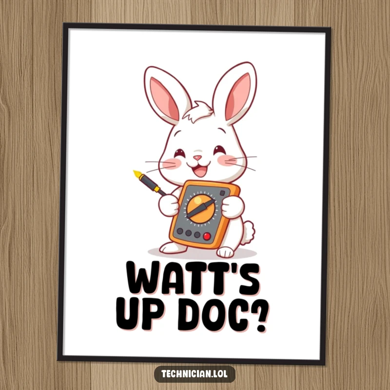 Funny bunny holding a multimeter, glowing probes, electrical engineering theme, humorous wall art, ideal funny gift.