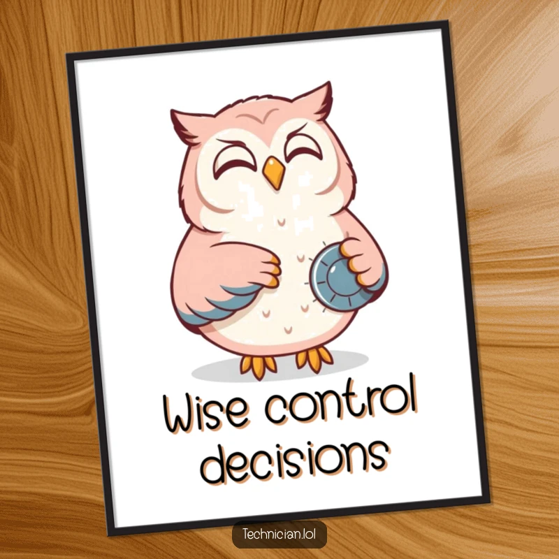 Funny poster showing a content owl smiling while adjusting a dial on a control panel, adding a touch of wise humor to decor.