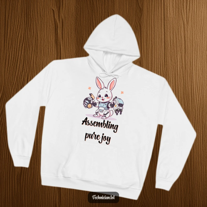 Funny bunny mechanic hoodie, a cheerful bunny assembling a robotic arm, radiating playful ingenuity and warmth.