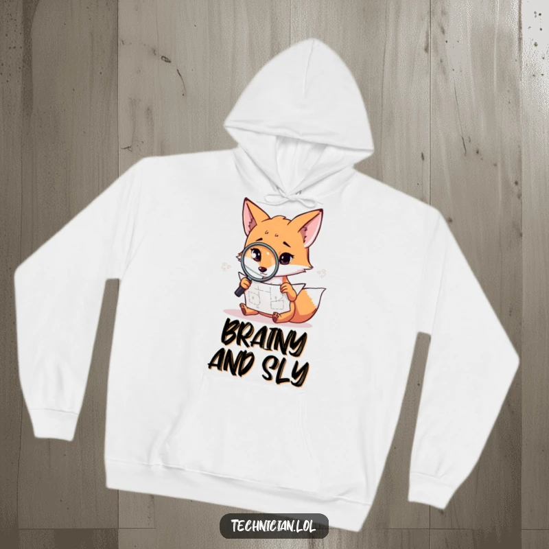 Funny fox investigator hoodie, a determined fox with a magnifying glass examining a detailed blueprint, radiating intelligence.