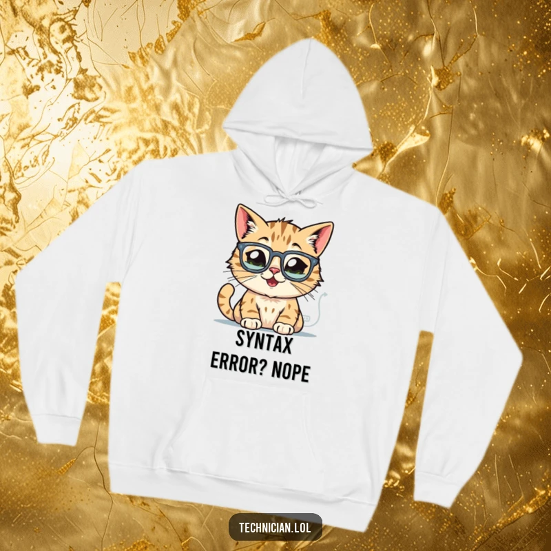 Funny cat hoodie, wearing glasses, intently studying glowing computer schematics, offering warmth and intellectual charm.