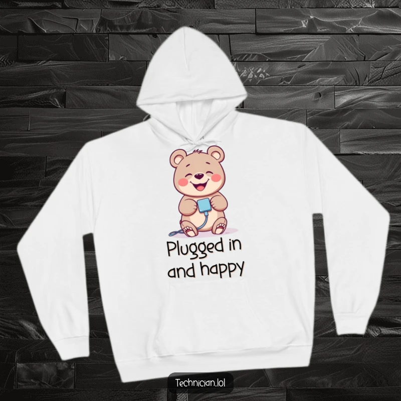 Soft, warm hoodie featuring a giggling bear happily plugging in a tech cable, great for chilly days.