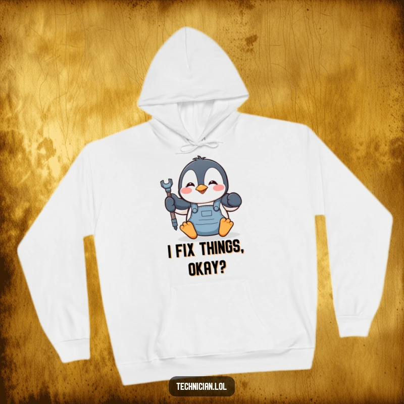 Funny penguin character in overalls, tightening a bolt with a wrench, depicted on a cozy hoodie, perfect for winter.