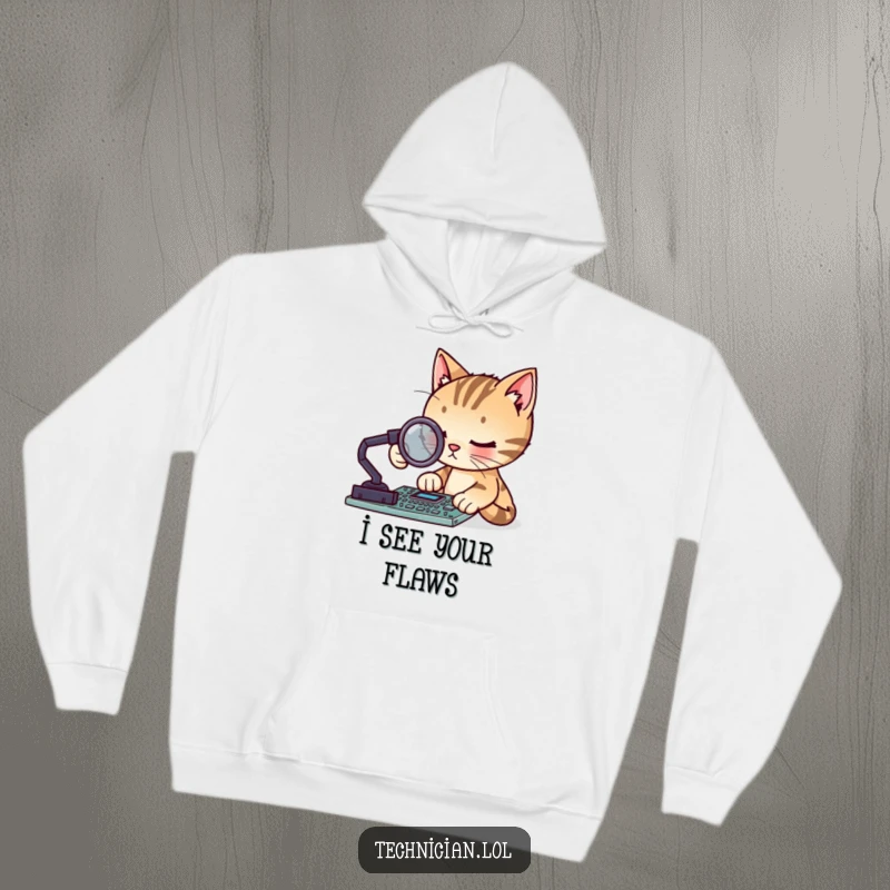 Funny focused cat with a magnifying glass examining a circuit board, cozy in a hoodie, ideal for a funny gift.