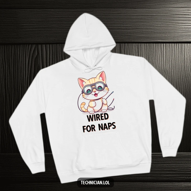 Funny hoodie featuring a cute cat wearing goggles, working on exposed wires, perfect for cozy humor.