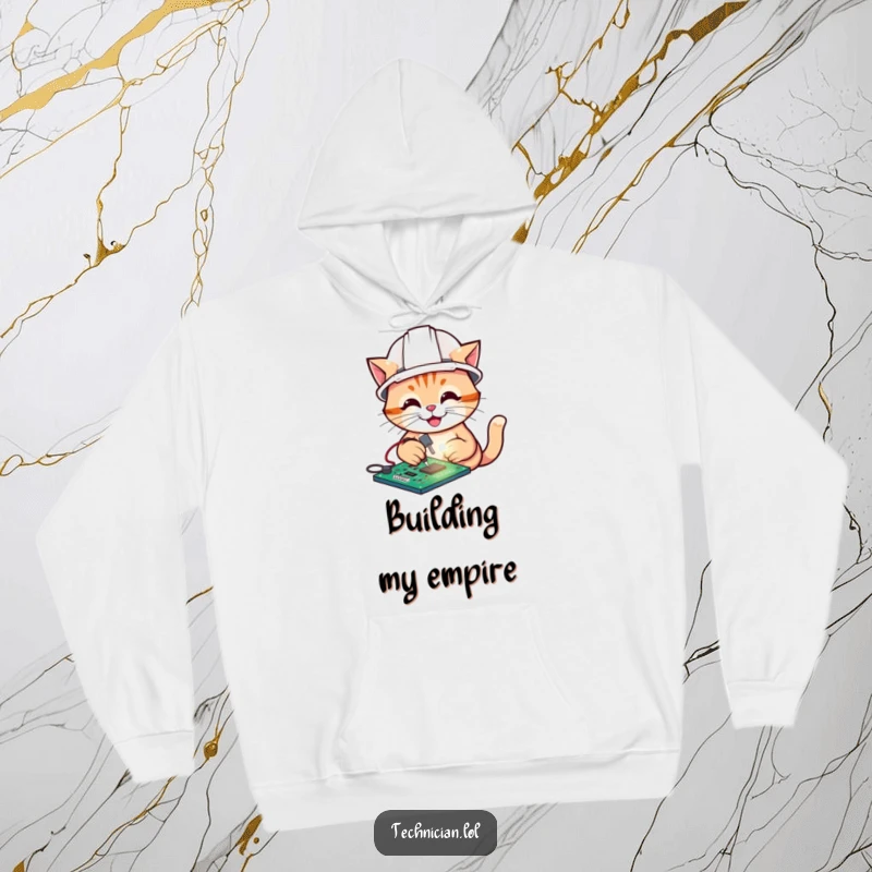 Funny hoodie design of a cheerful cat in a hard hat soldering a circuit board, a tech-themed cartoon.
