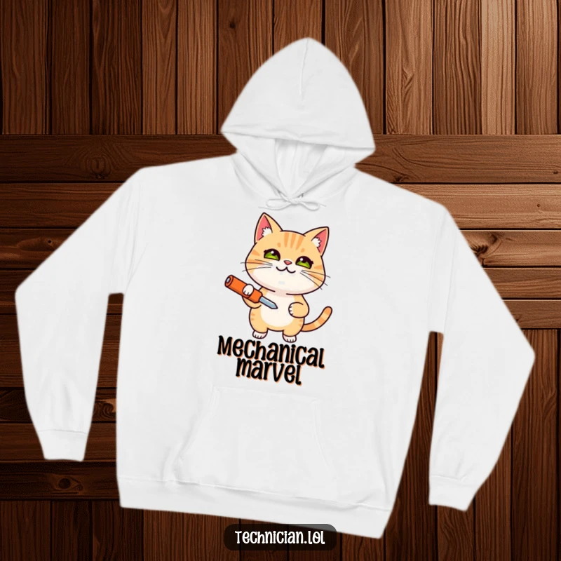 Funny hoodie with a smiling, determined cat holding a screwdriver, offering warmth and focused humor, a great funny gift.