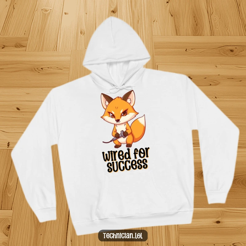 Funny hoodie featuring a determined fox with a soldering iron, designed for comfort and showcasing a passion for engineering.