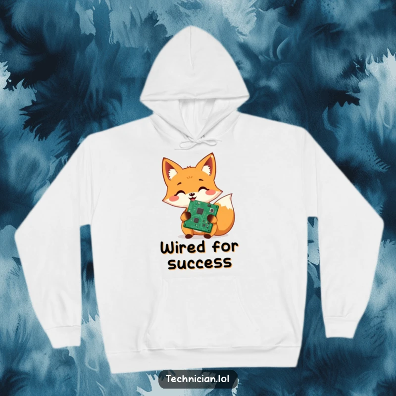 Funny hoodie, cheerful fox proudly holding a repaired circuit board, cozy tech enthusiast, geek apparel.