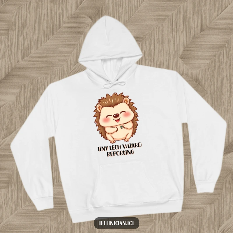 Funny hoodie displaying a giggling hedgehog engrossed in assembling a small component, radiating happiness and dedication in a comical way.