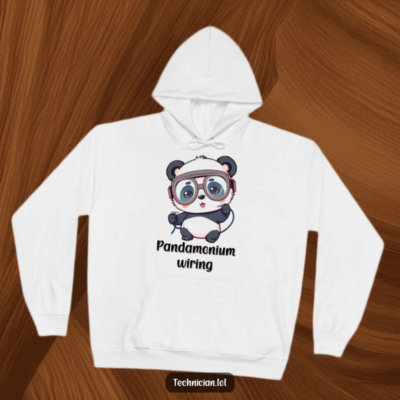 Funny hoodie, panda in goggles soldering wires, focused maker, cozy tech apparel.