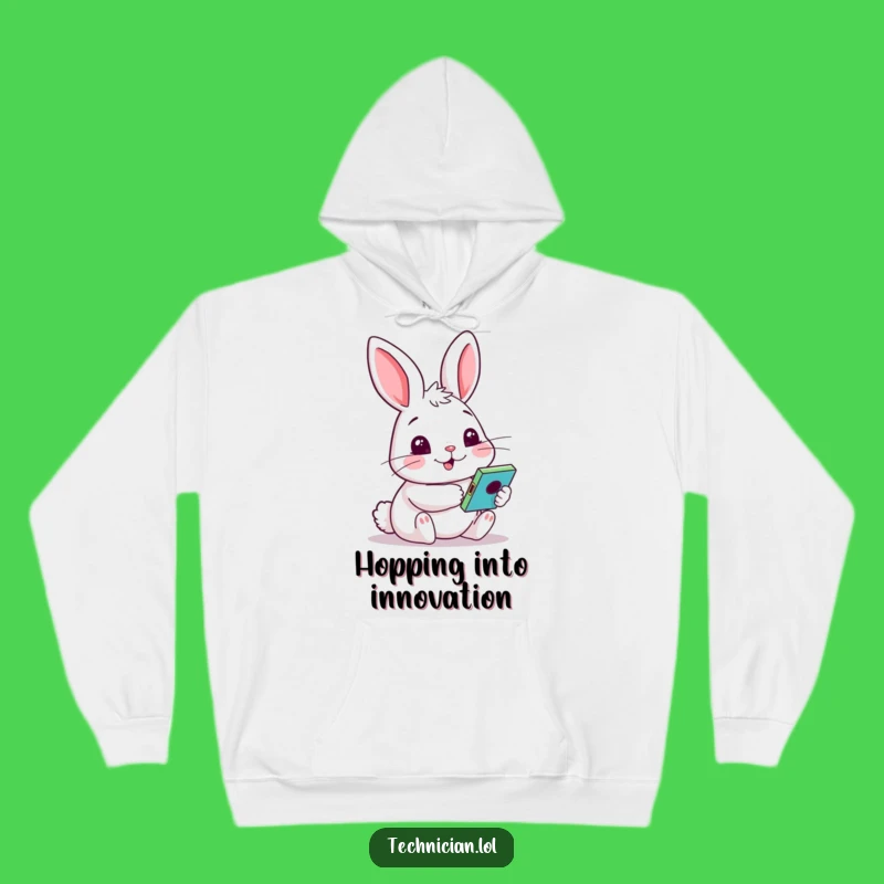 Funny Rabbit Cozy Hoodie: Cheerful Rabbit with Gadget, Warm Funny Gift
