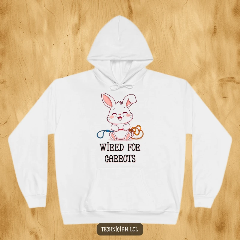 Funny hoodie featuring a giggling rabbit connecting colorful wires with a smile, perfect for cozy charm.