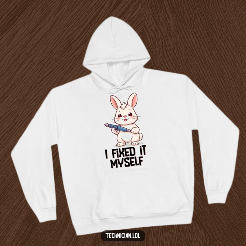 Funny Rabbit Hoodie featuring a content rabbit looking satisfied while holding a screwdriver, offering cozy pride in accomplishment.