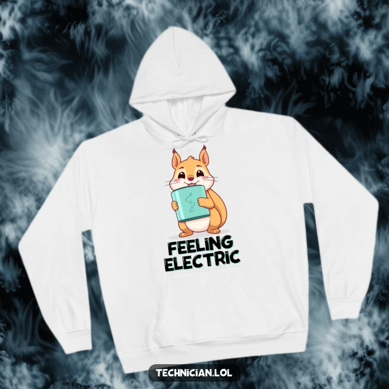 Funny happy squirrel smiling proudly while holding a large capacitor, featured on a cozy hoodie.