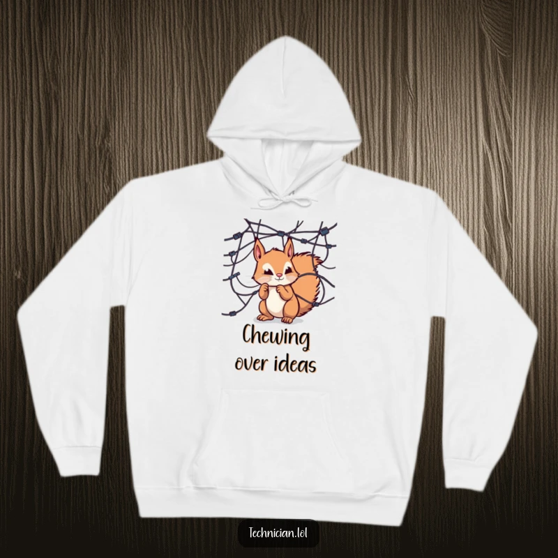 Funny hoodie, squirrel examining wires, tech explorer, cozy computer nerd apparel.