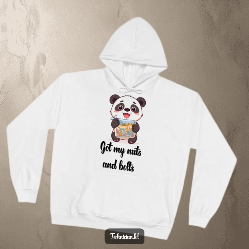 Funny hoodie depicting a silly panda with a proud expression, holding a bag full of assorted screws, a cozy funny gift.
