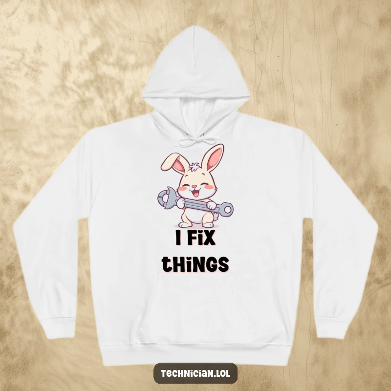 Funny bunny mechanic hoodie, featuring a smiling rabbit holding a wrench, ready for repairs, warm and humorous apparel.