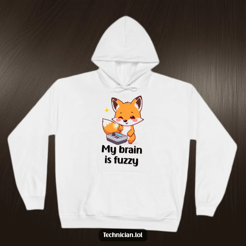 Funny hoodie featuring a playful fox pointing at a flashing light on a console, perfect for cozy excitement.