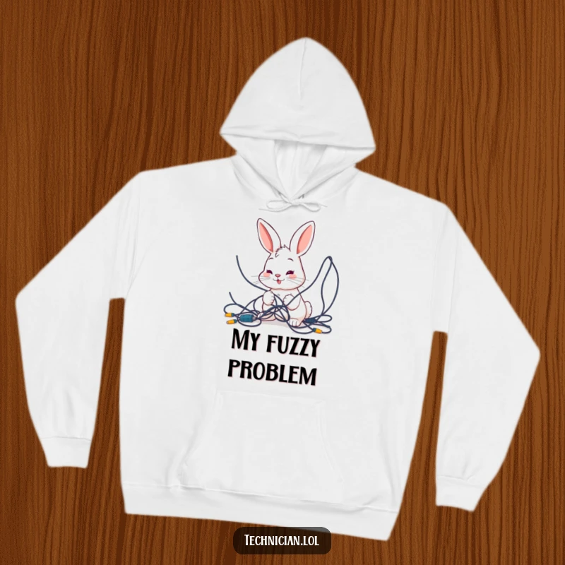 Funny hoodie depicting a smiling bunny intently studying a complex tangle of wires, perfect for when you need comfort while troubleshooting.