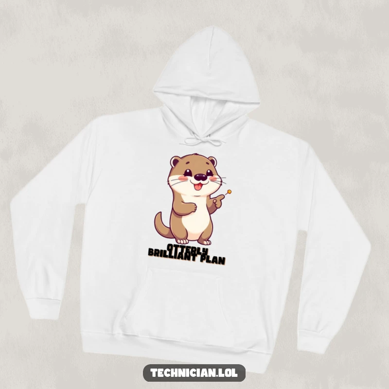 Funny hoodie depicting a cheerful otter pointing excitedly at a complex schematic, radiating intelligence and joyful engagement.