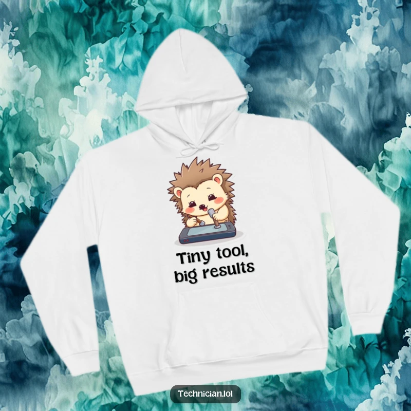 Funny hedgehog hoodie design depicting a hedgehog with a tiny hammer ready to strike a computer, a humorous tech support theme.